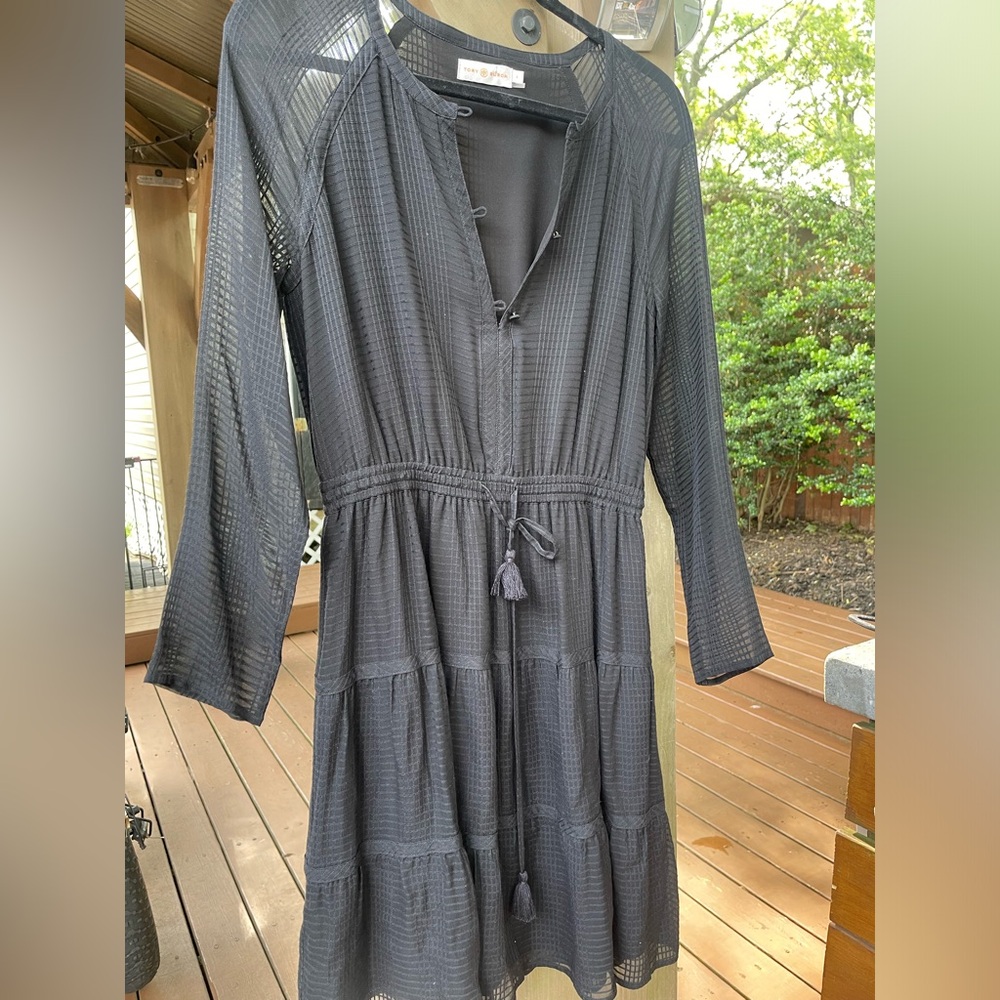 Tory Burch Black Long-Sleeve Tiered Textured Dress